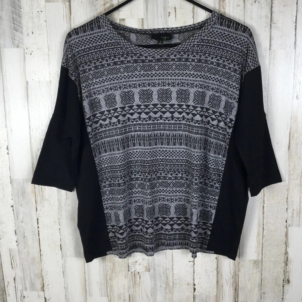 Umgee Tribal Boho Chic Print Top Tee Shirt Black S